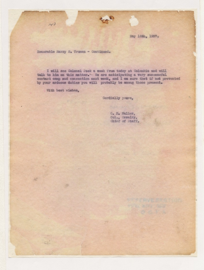 Letter from Colonel C. H. Muller to Senator Harry S. Truman