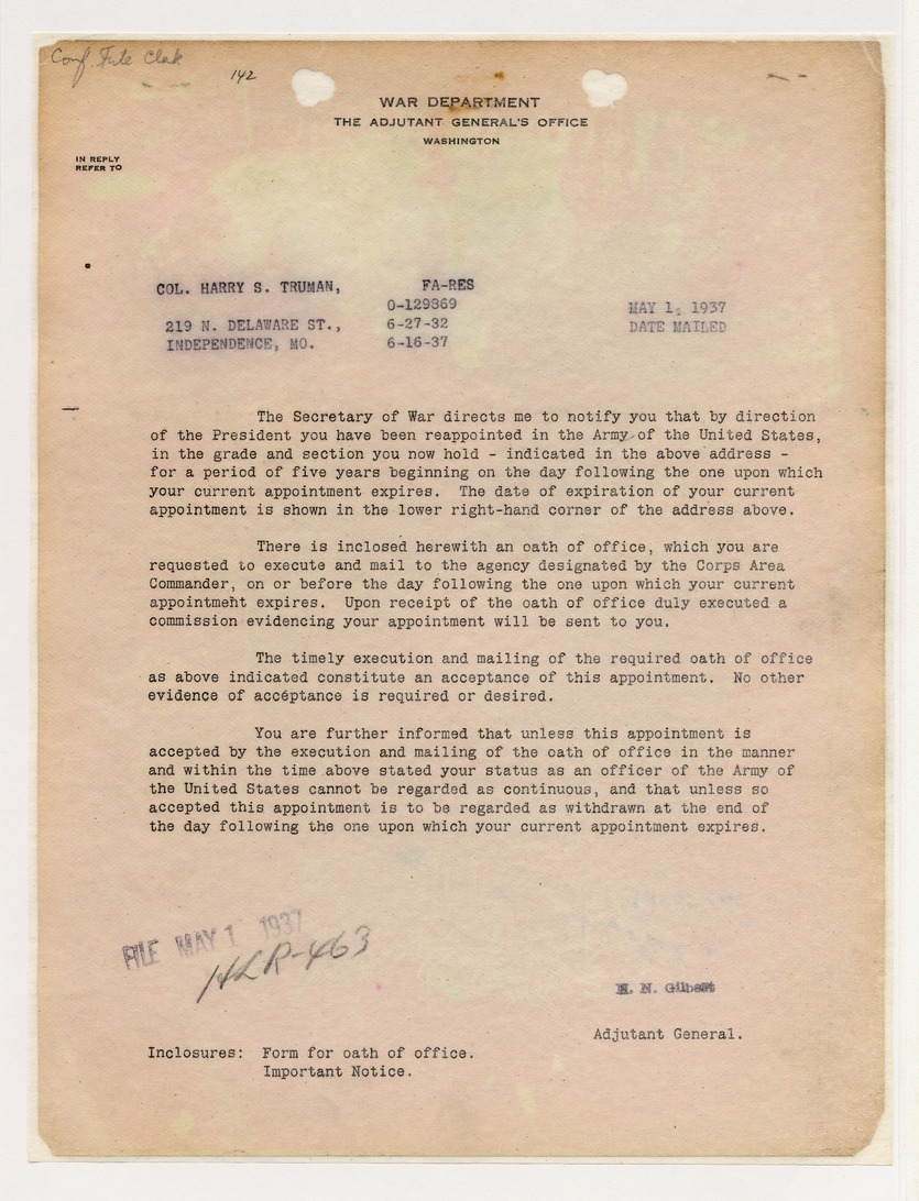 Memorandum from Adjutant General H. N. Gilbert to Colonel Harry S. Truman