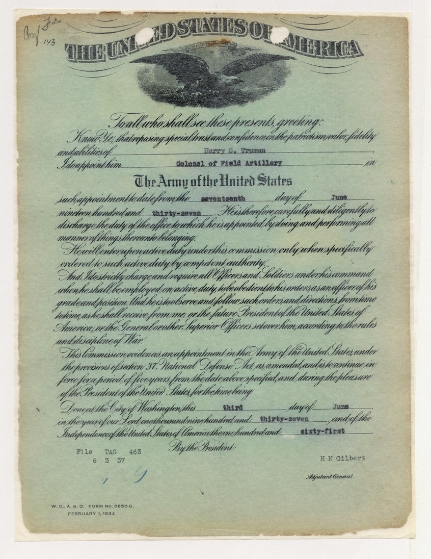 Certificate of Appointment in the Army of the United States for Colonel Harry S. Truman