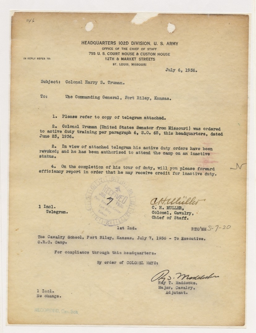 Memorandum from Colonel C. H. Muller to Commanding General, Fort Riley, Kansas