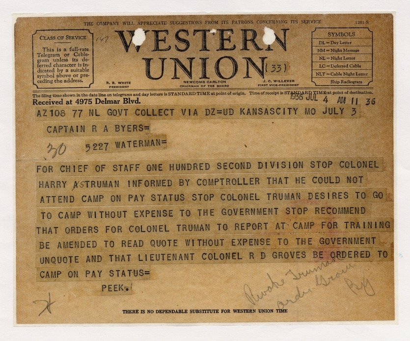 Telegram from Colonel G. M. Peek to Captain R. A. Byers