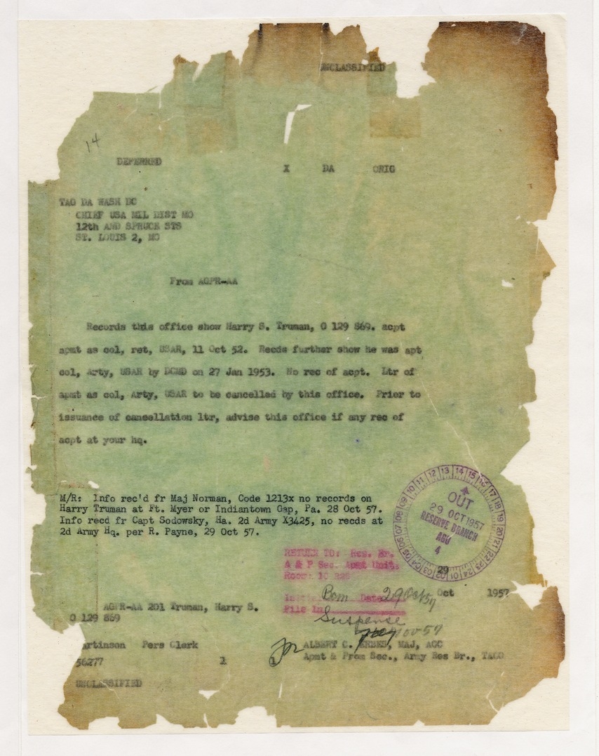 Memorandum from Major Albert C. Erbes to the Adjutant General, Department of the Army