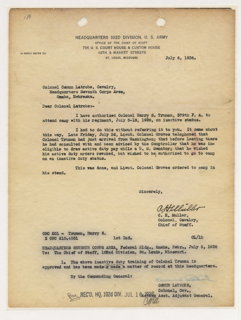 Memorandum from Colonel C. H. Muller to Colonel Osmun Latrobe