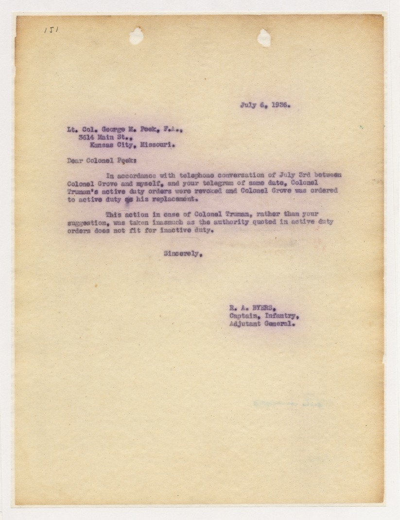 Memorandum from Captain R. A. Byers to Lieutenant Colonel George M. Peek