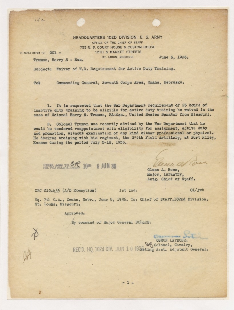 Letter from Major Glenn A. Ross to Commanding General, Seventh Corps Area
