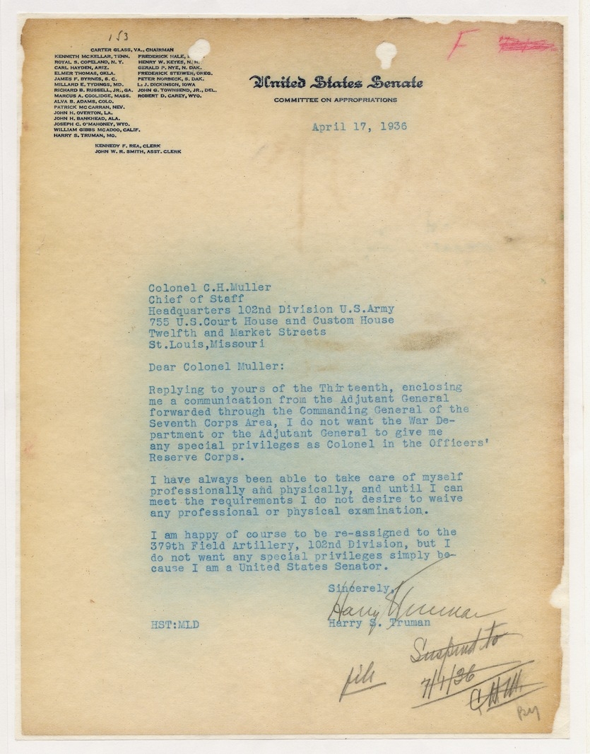 Letter from Senator Harry S. Truman to Colonel C. H. Muller