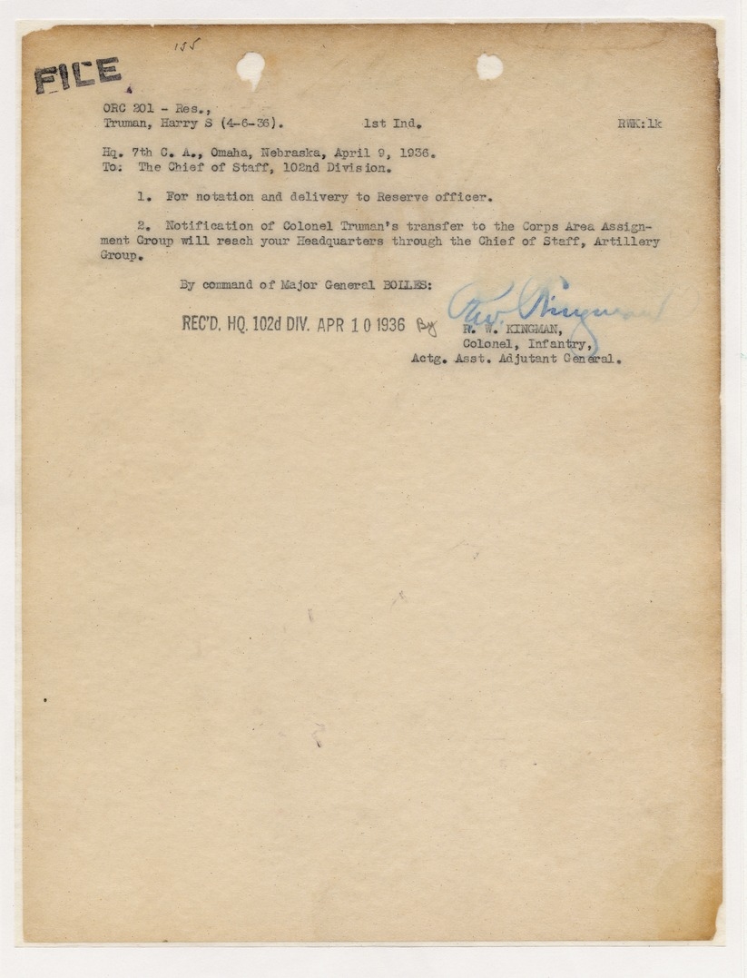 Memorandum from Colonel R. W. Kingman to the Chief of Staff, 102nd Division