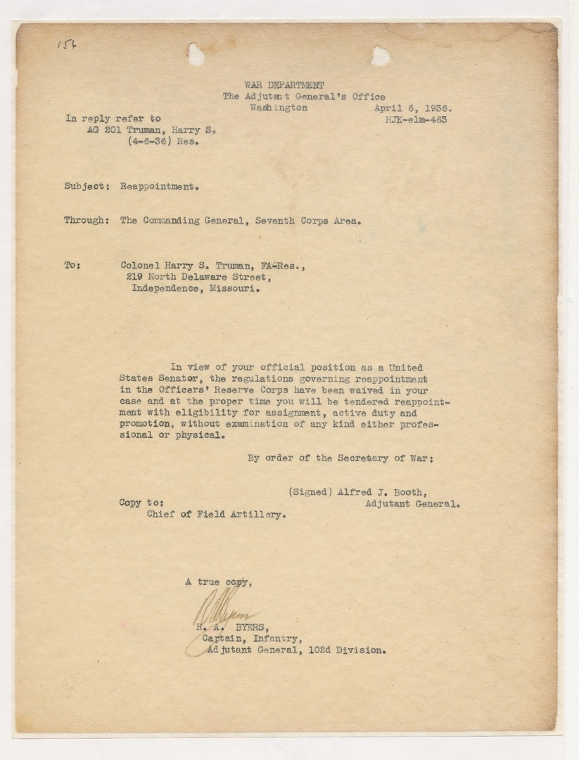 Memorandum from Adjutant General Alfred J. Booth to Colonel Harry S. Truman