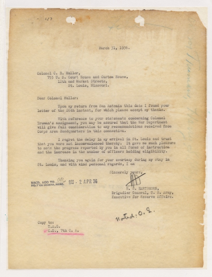 Memorandum from Brigadier General E. S. Hartshorn to Colonel C. H. Muller