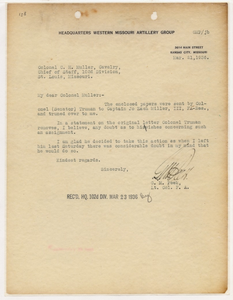 Memorandum from Lieutenant Colonel G. M. Peek to Colonel C. H. Muller