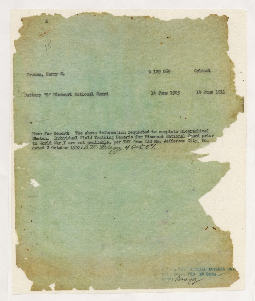 Memorandum for Service Record, Battery "B", Missouri National Guard for Former President Harry S. Truman