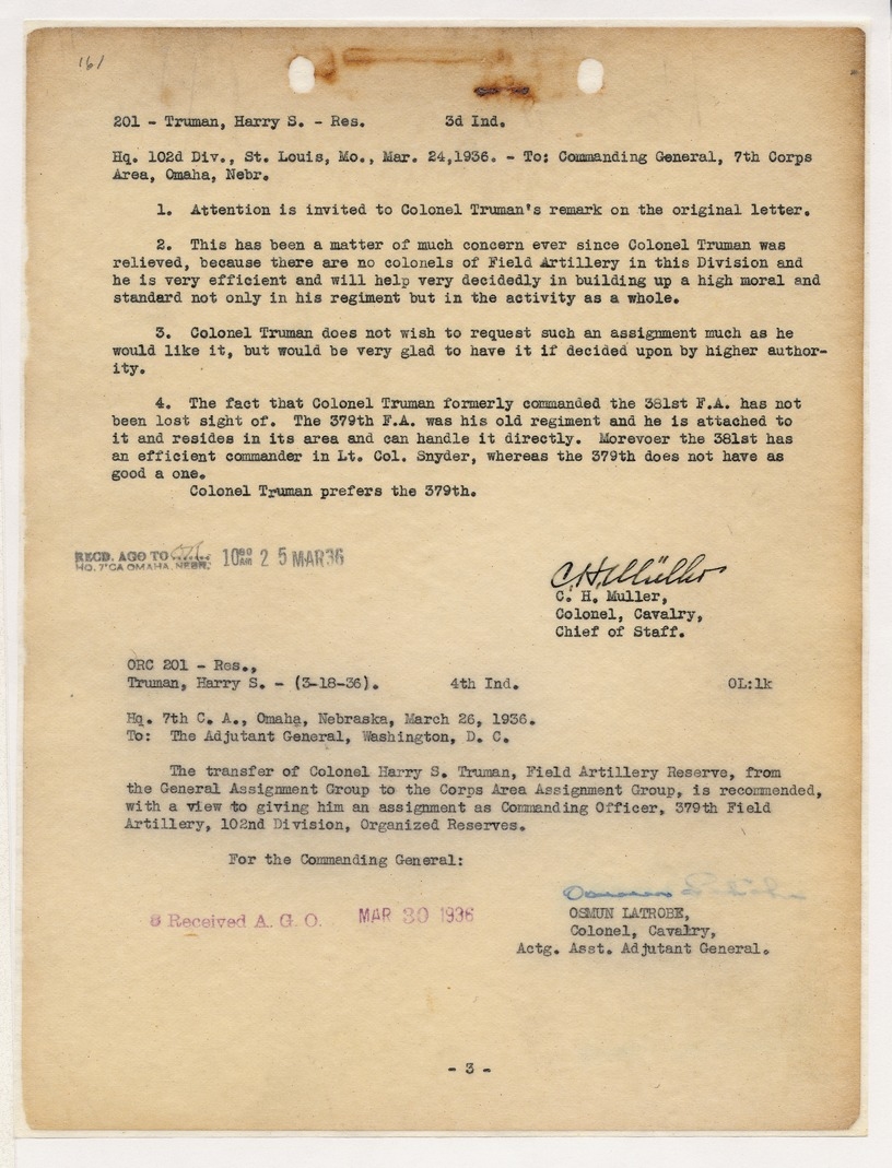 Record of Communication Received from Unit Instructor, Headquarters, Western Missouri Artillery Group to Chief of Staff, 102d Division, with Related Material