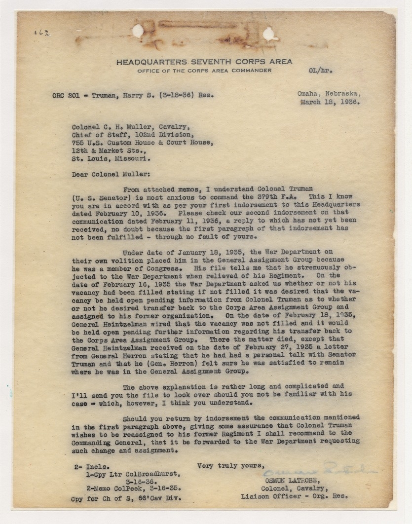 Letter from Colonel Osmun Latrobe to Colonel C. H. Muller