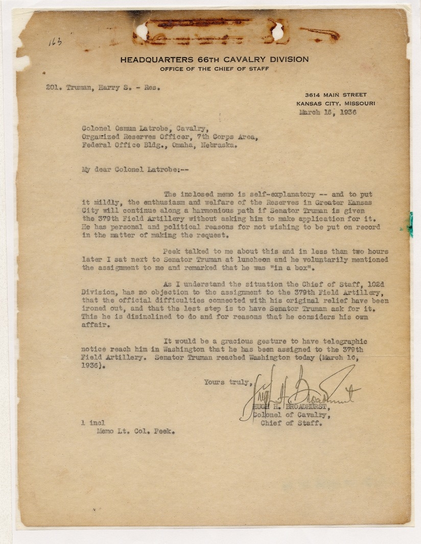 Memorandum from Colonel Hugh H. Broadhurst to Colonel Osmun Latrobe