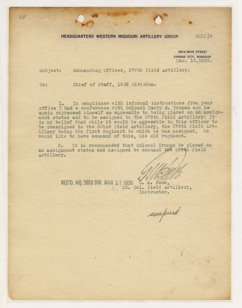 Memorandum from Lieutenant Colonel G. M. Peek to the Chief of Staff, 102d Division