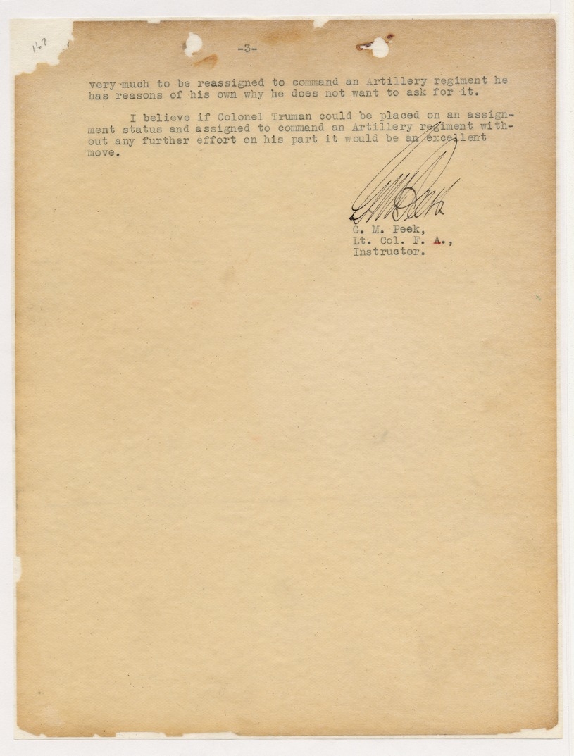Memorandum from Lieutenant Colonel G. M. Peek to Colonel H. H. Broadhurst