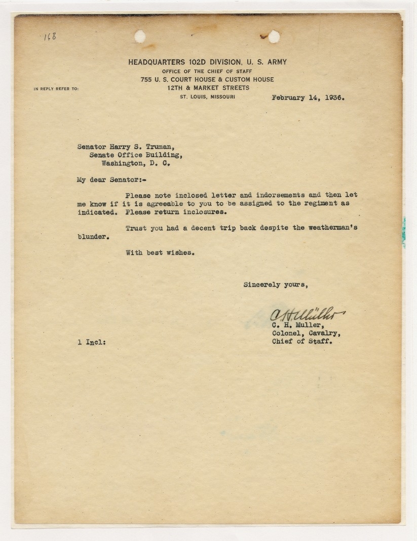 Memorandum from Colonel C. H. Muller to Senator Harry S. Truman