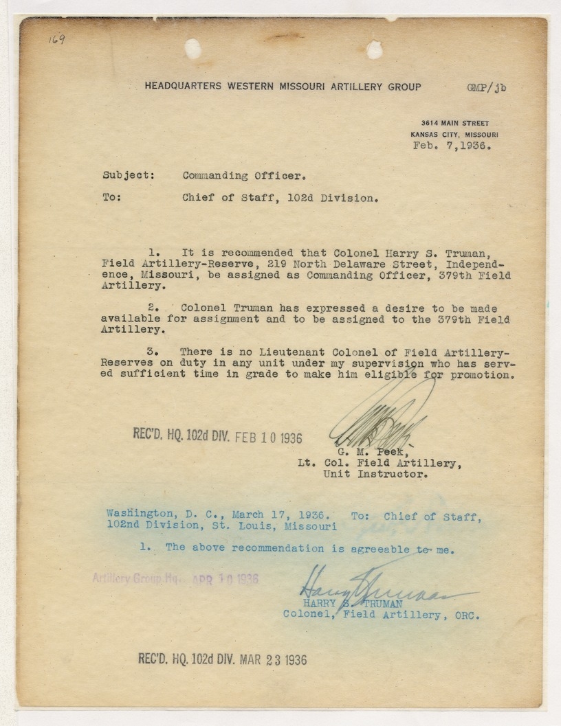 Letter from Lieutenant Colonel G. M. Peek to Chief of Staff, 102d Division