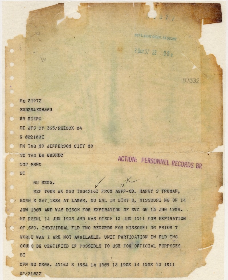 Telex Message from Adjutant General, Missouri, to Adjutant General, Washington, D. C.