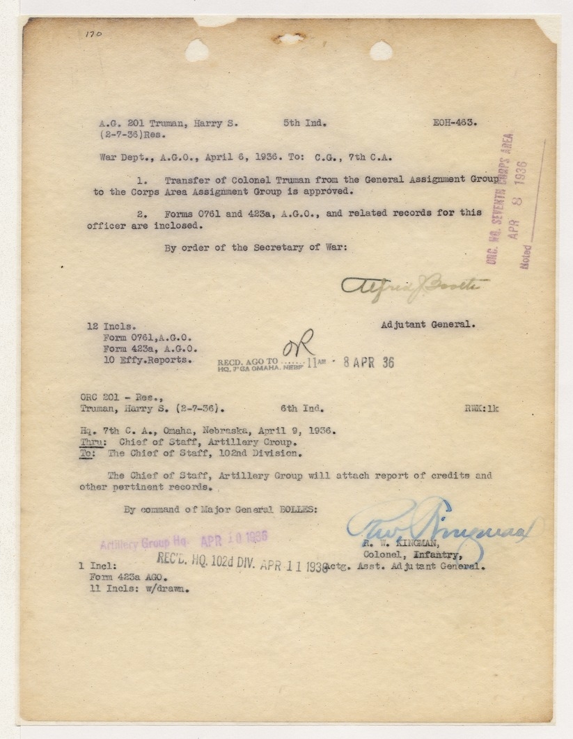 Record of Communication Received from Unit Instructor, Headquarters, Western Missouri Artillery Group to Chief of Staff, 102d Division, with Related Material