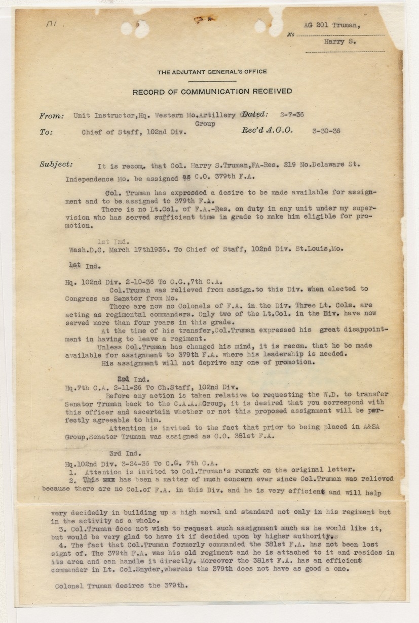 Record of Communication Received from Unit Instructor, Headquarters, Western Missouri Artillery Group to Chief of Staff, 102d Division, with Related Material