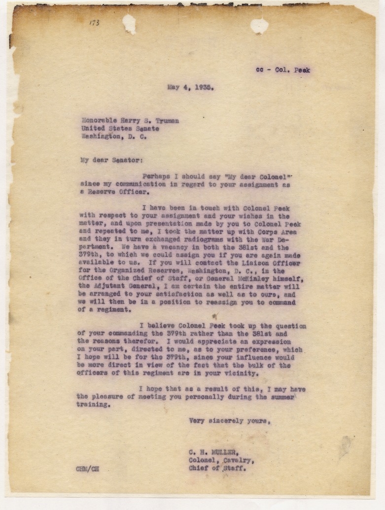 Letter from Colonel C. H. Muller to Senator Harry S. Truman