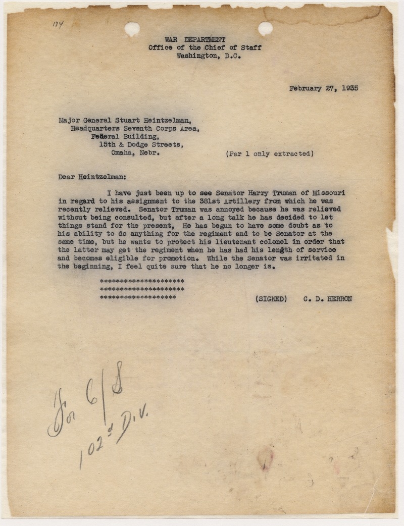 Memorandum from Brigadier General C. D. Herron to Major General Stuart Heintzelman