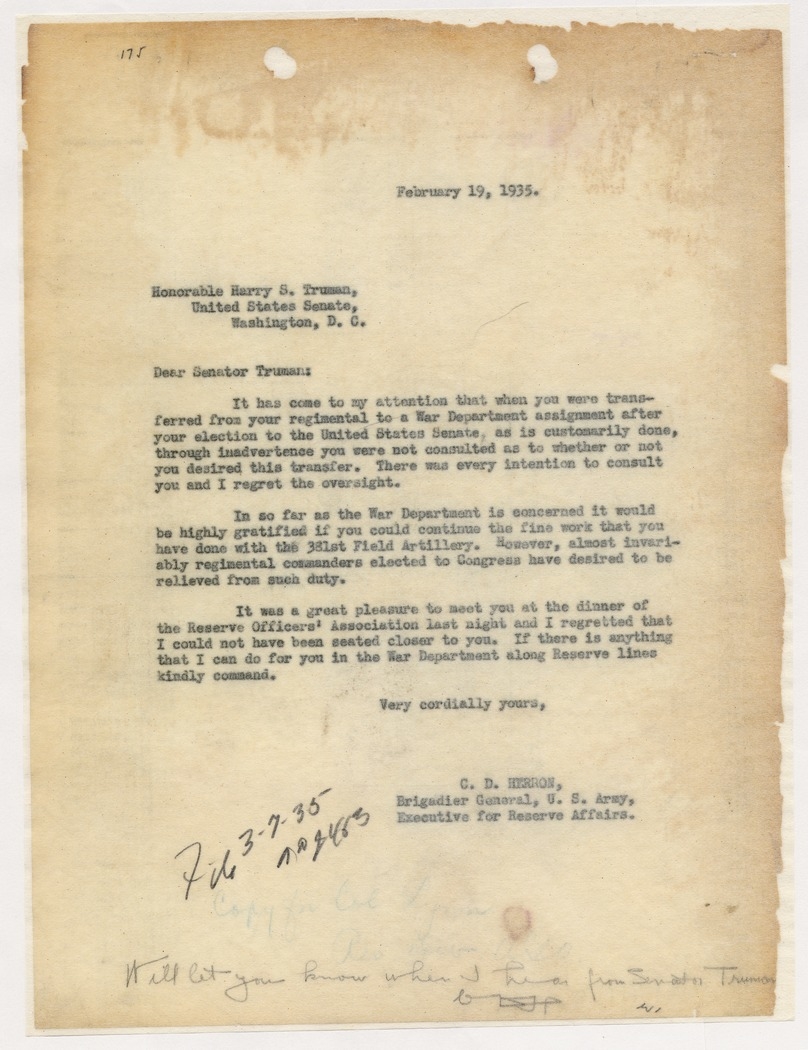 Letter from Brigadier General C. D. Herron to Senator Harry S. Truman