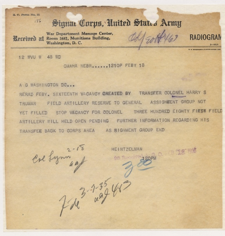 Radiogram from Major General S. Heintzelman to the Adjutant General, Washington, D. C.