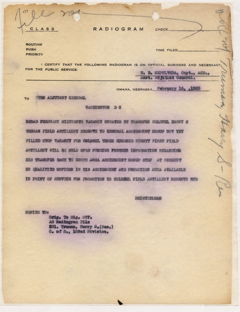 Radiogram from Captain H. B. Sepulveda to The Adjutant General, Washington, D. C.