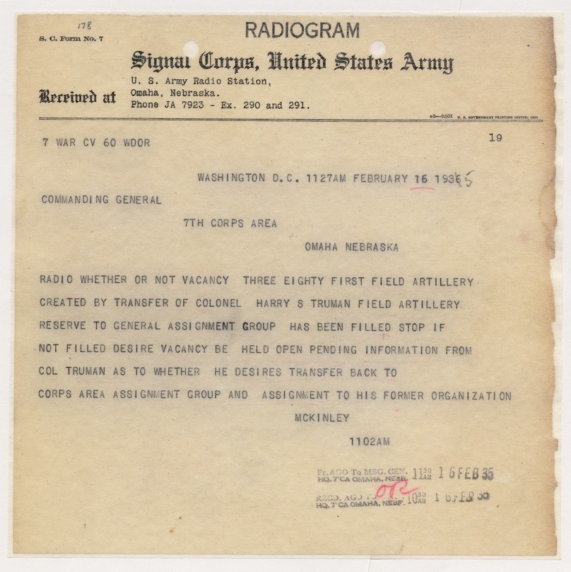 Radiogram from McKinley to Commanding General, Seventh Corps Area