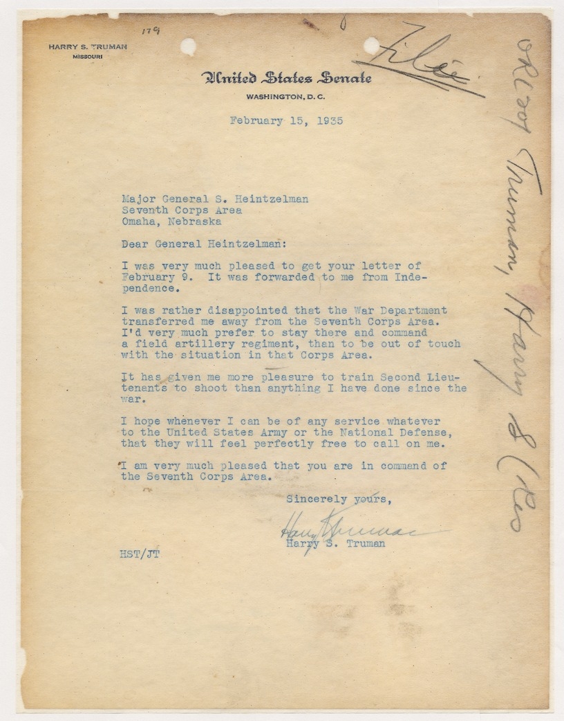 Letter from Senator Harry S. Truman to Major General S. Heintzelman