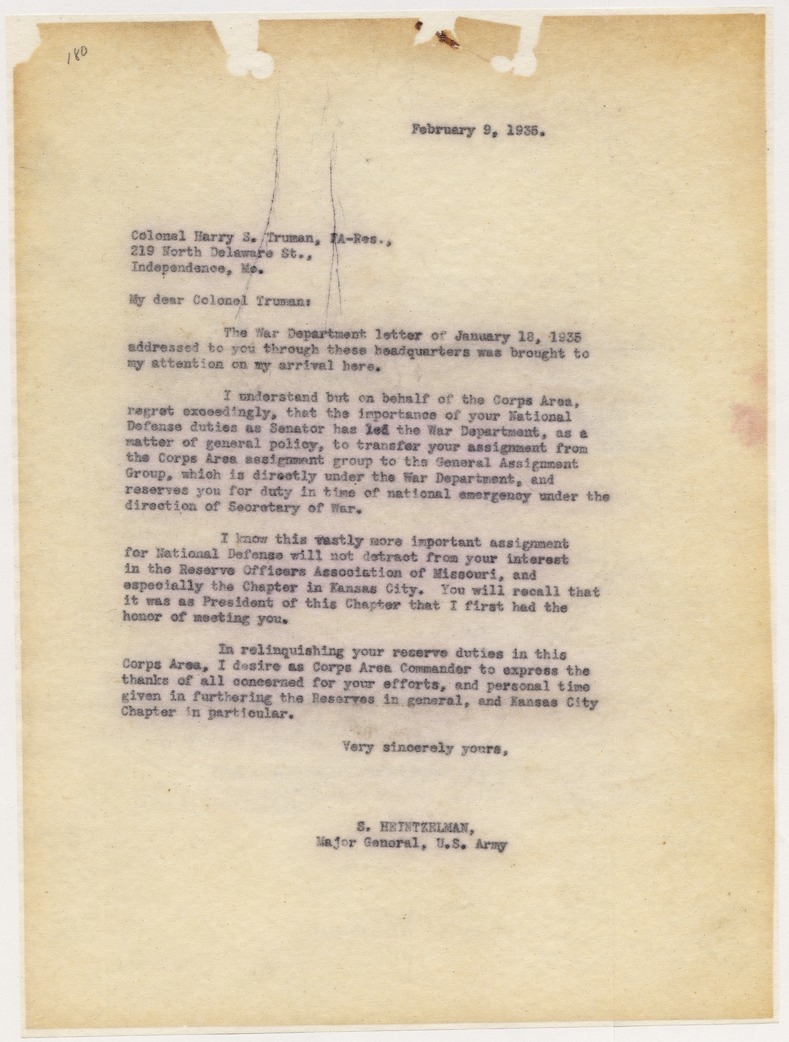 Letter from Major General S. Heintzelman to Senator Harry S. Truman