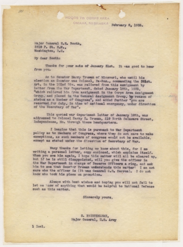 Letter from Major General S. Heintzelman to Major General E. E. Booth