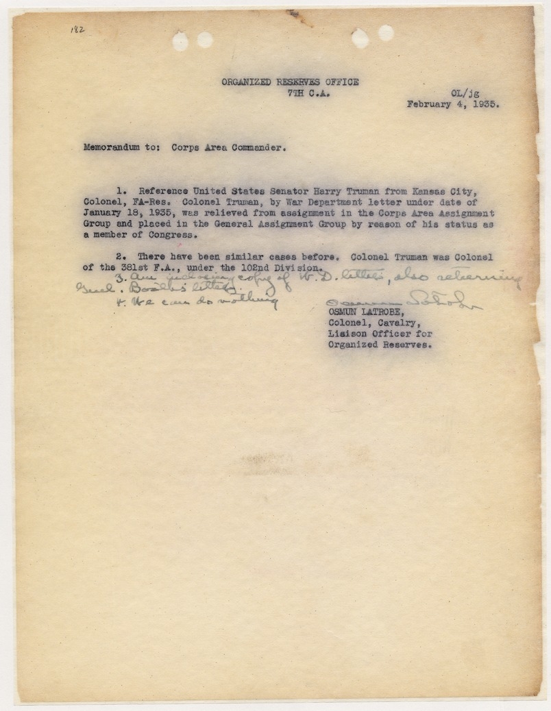Memorandum from Colonel Osmun Latrobe to Corps Area Commander, Seventh Corps Area