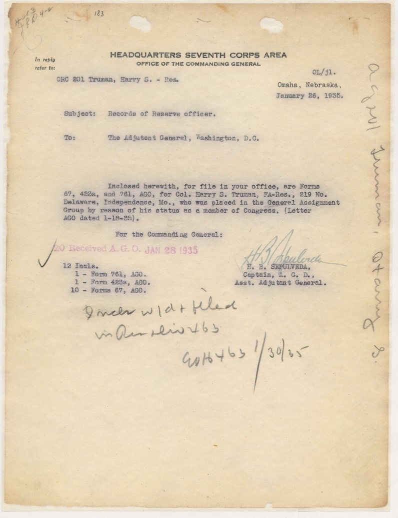 Memorandum from Captain H. B. Sepulveda to the Adjutant General, Washington, D. C.
