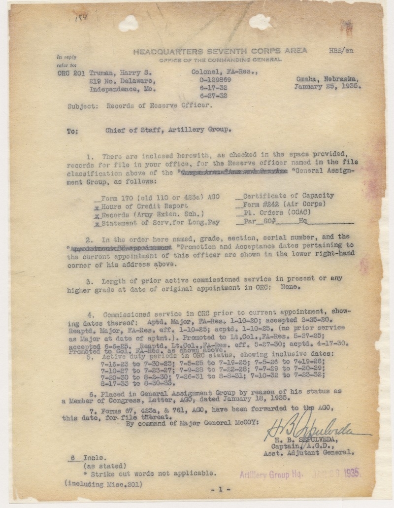 Memorandum from Captain H. B. Sepulveda to Chief of Staff, Artillery Group