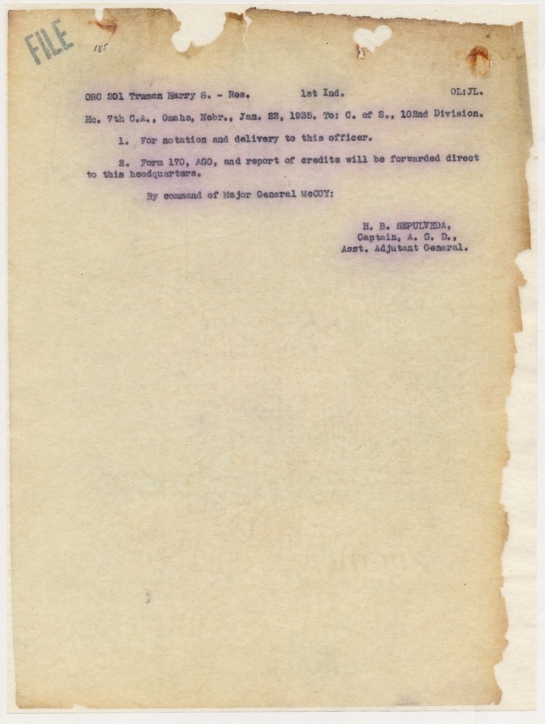 Memorandum from Captain H. B. Sepulveda to Chief of Staff, 102nd Division