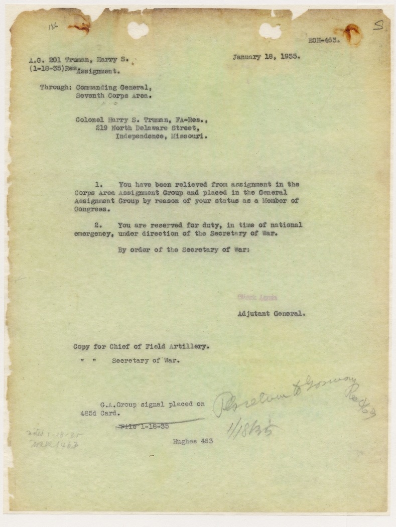 Memorandum from Adjutant General to Colonel Harry S. Truman