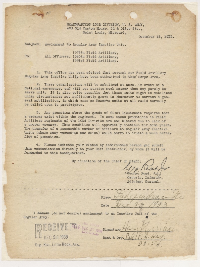 Memorandum from Captain George Read, Jr., to All Officers, 381st Field Artillery
