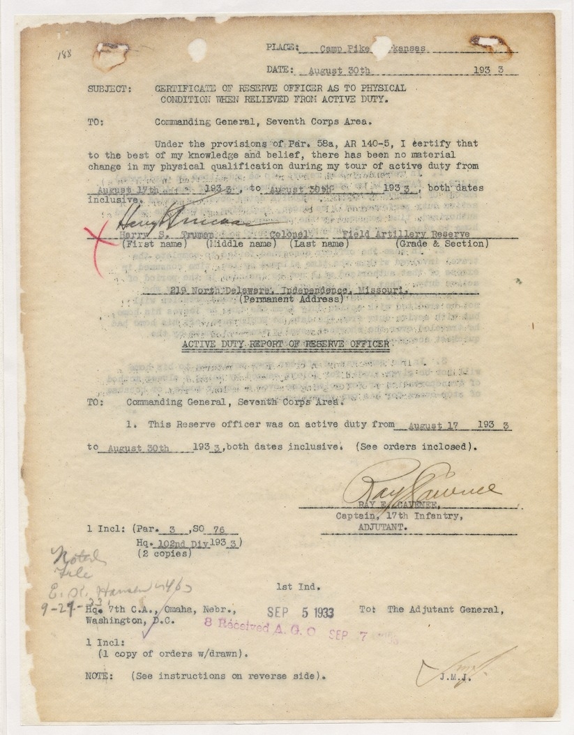 Certificate of Reserve Officer as to Physical Condition When Relieved from Active Duty for Colonel Harry S. Truman