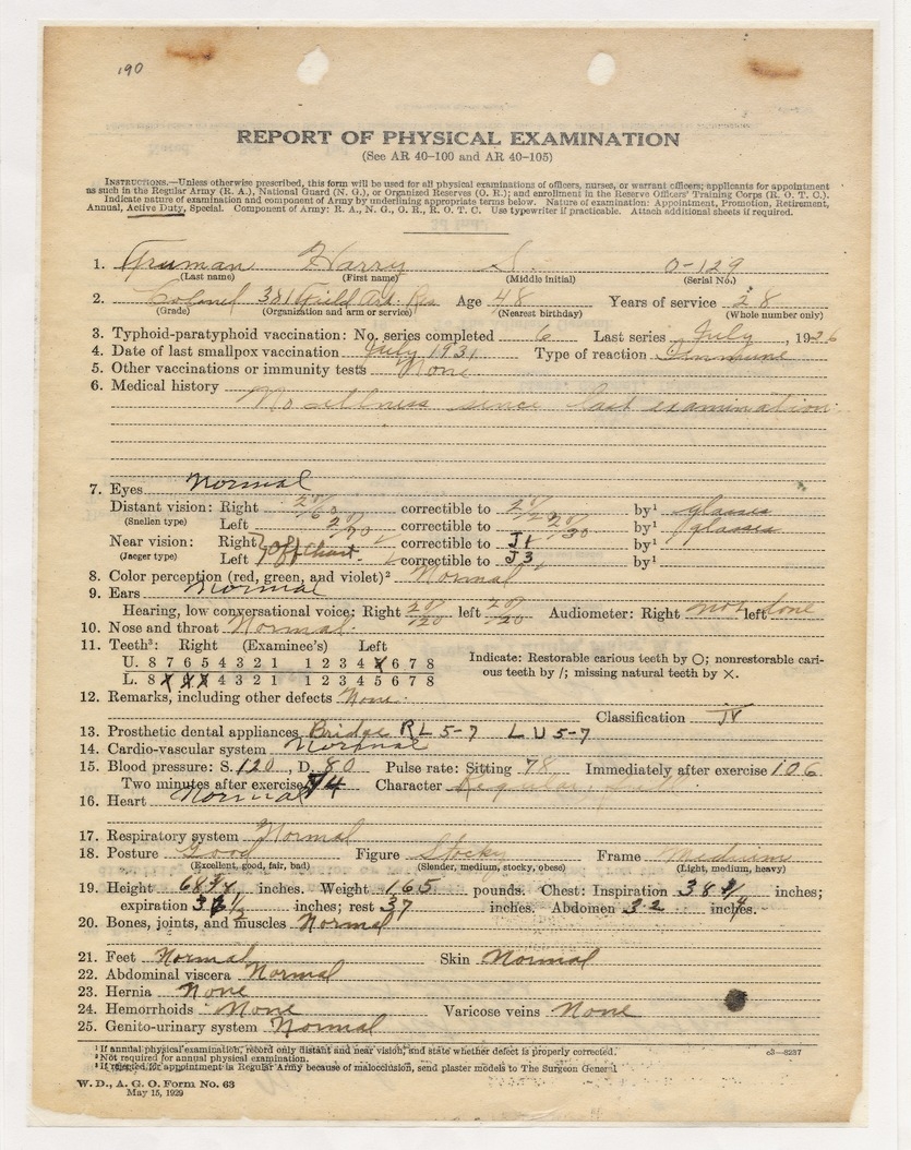 Report of Physical Examination for Colonel Harry S. Truman