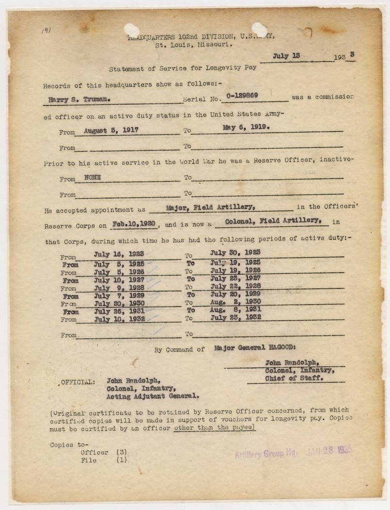 Statement of Service for Longevity Pay for Colonel Harry S. Truman