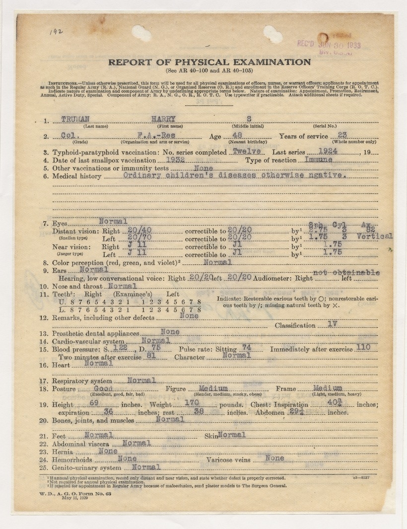 Report of Physical Examination for Colonel Harry S. Truman