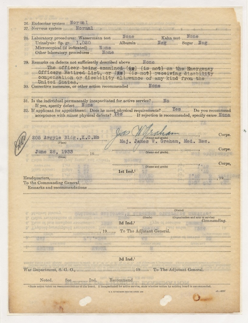 Report of Physical Examination for Colonel Harry S. Truman