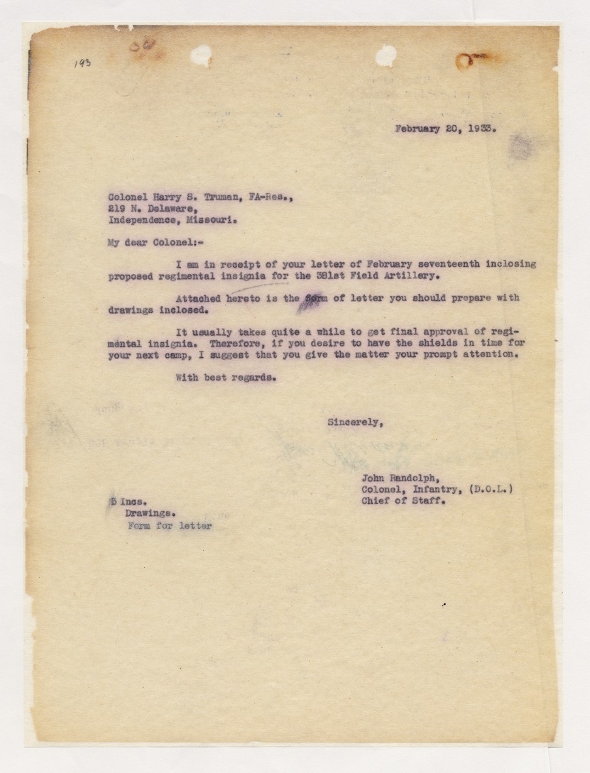 Correspondence Between Colonel Harry S. Truman and Colonel John Randolph