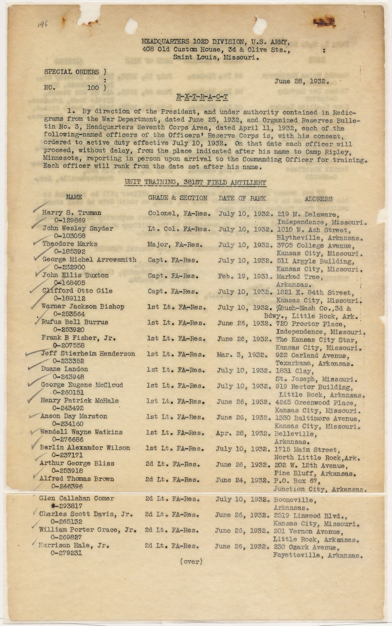 Call to Active Duty General Orders No. 100 for Colonel Harry S. Truman