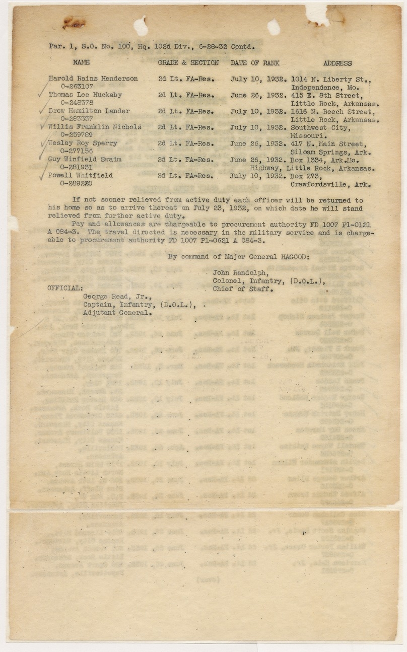 Call to Active Duty General Orders No. 100 for Colonel Harry S. Truman