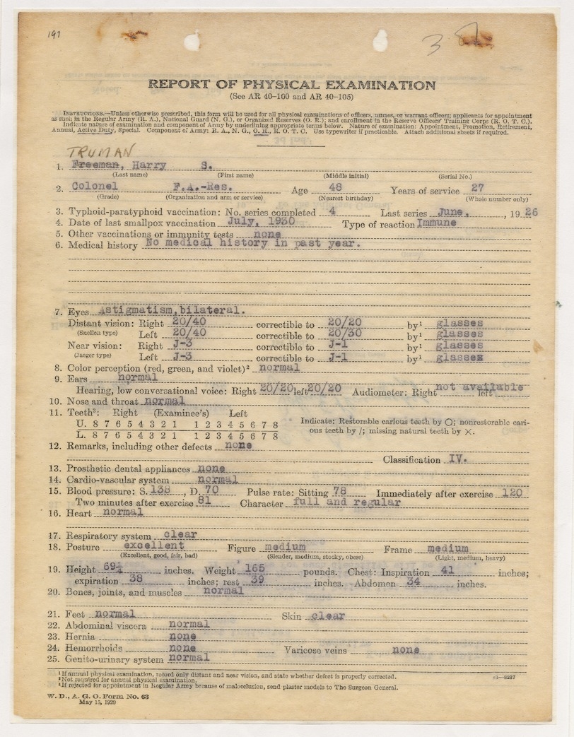 Report of Physical Examination for Colonel Harry S. Truman