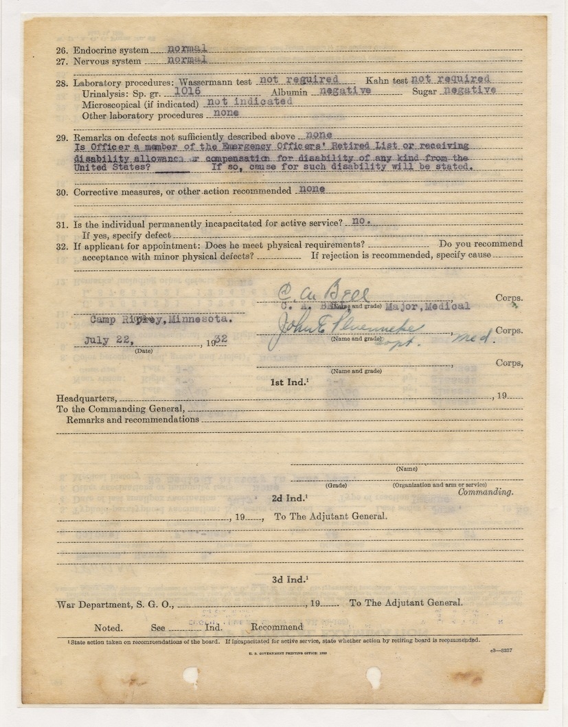 Report of Physical Examination for Colonel Harry S. Truman